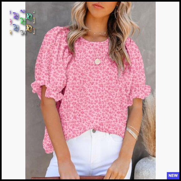 Floral Print Babydoll Blouse Smocked Puff Sleeve Crewneck Tunic Top Chic Casual - Picture 2 of 7